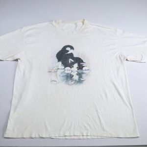 Vintage Bob Harrison Cat T-Shirt Curious Kittens XL White 90s Nature Animal Tee